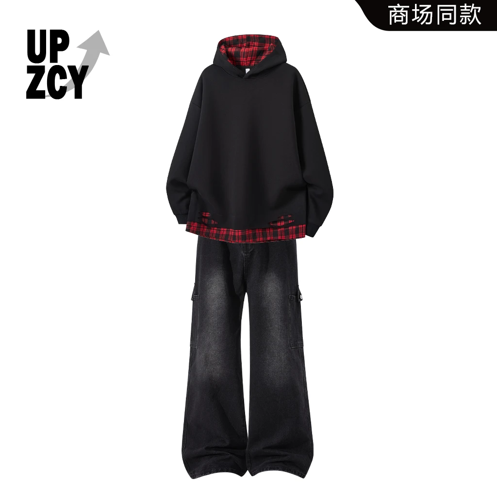 UPZCY美式休闲卫衣套装男秋冬潮流假两件两件套轻奢痞帅时尚男装