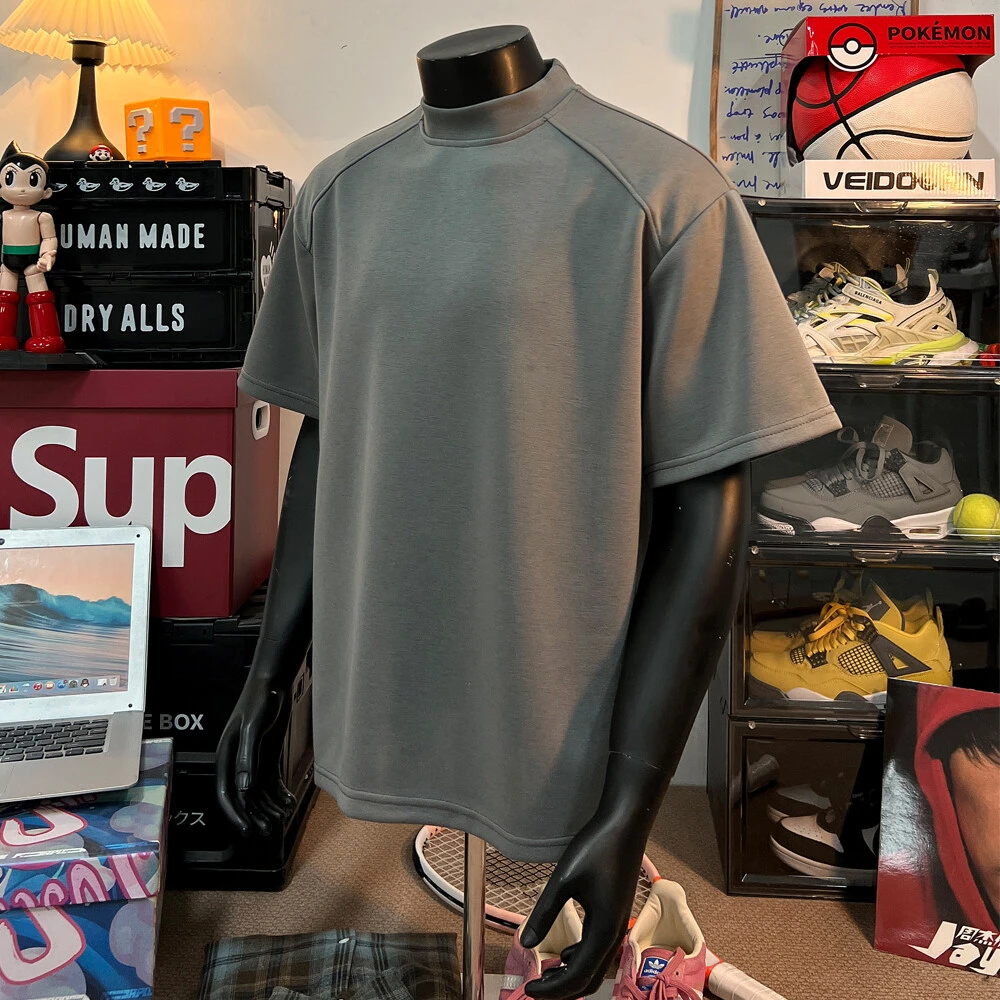 深灰色小高领正肩t恤男夏季重磅空气层cleanfit短袖美式插肩半袖