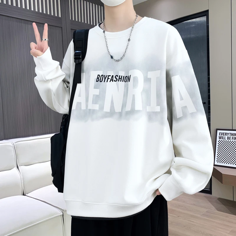 美式重磅圆领卫衣男款2025春秋青少年假两件休闲打底高品质上衣