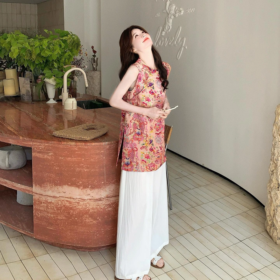 新中式国风套装女夏2025新款清冷松弛感印花改良旗袍阔腿裤两件套