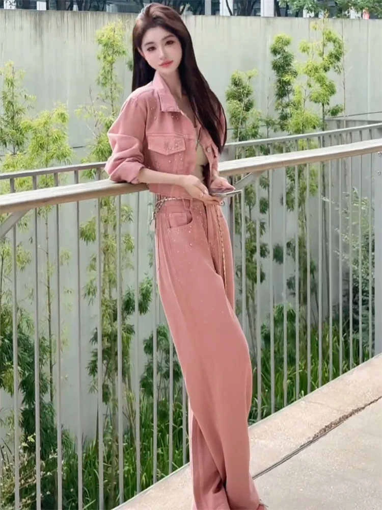 盐系炸街两件套装女秋高级感气质轻奢烫钻翻领长袖外套牛仔阔腿裤