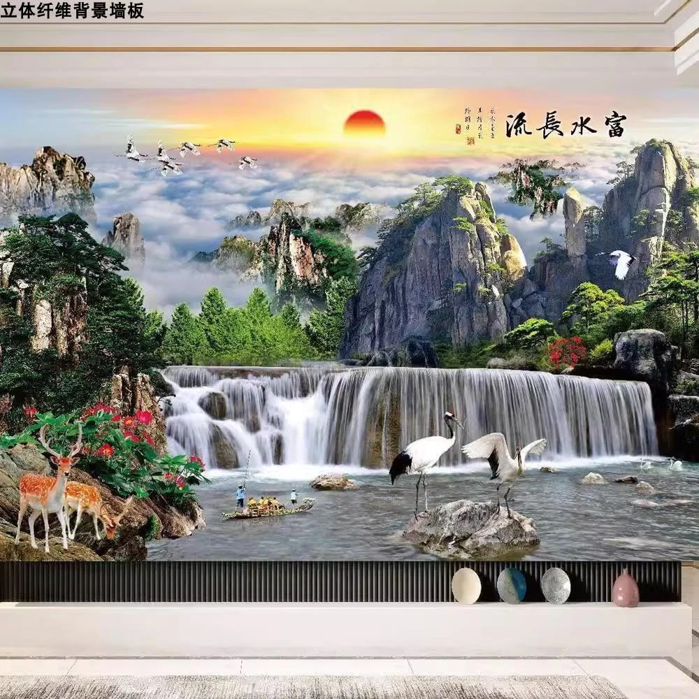 新中式电视背景护墙板8d现代简约客厅沙发山水画墙板影视集成板