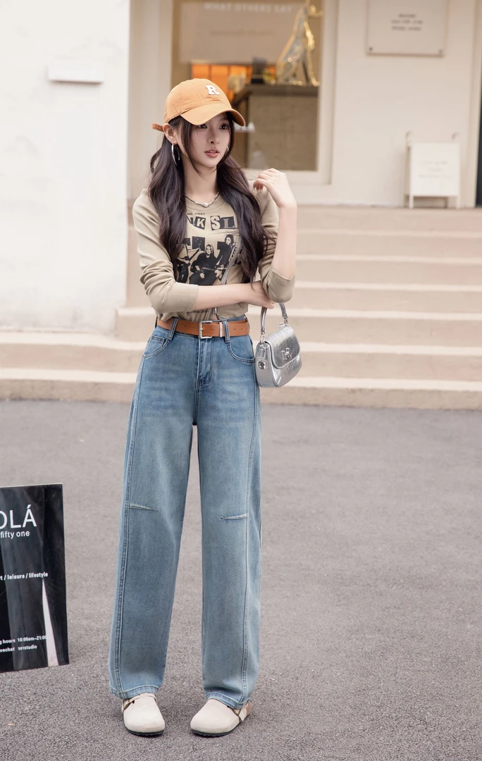 美式复古水洗牛仔裤高腰女秋冬季设计感显梨形身材2025年新款2515