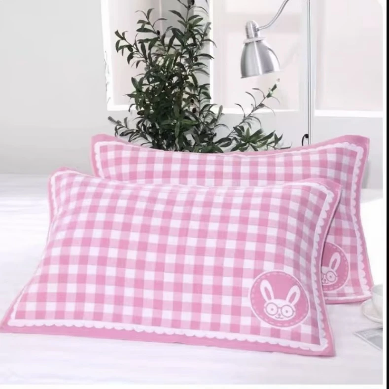【木帛织物】 粉格兔一对装 花边直边纱布简约枕巾 加厚简约家用