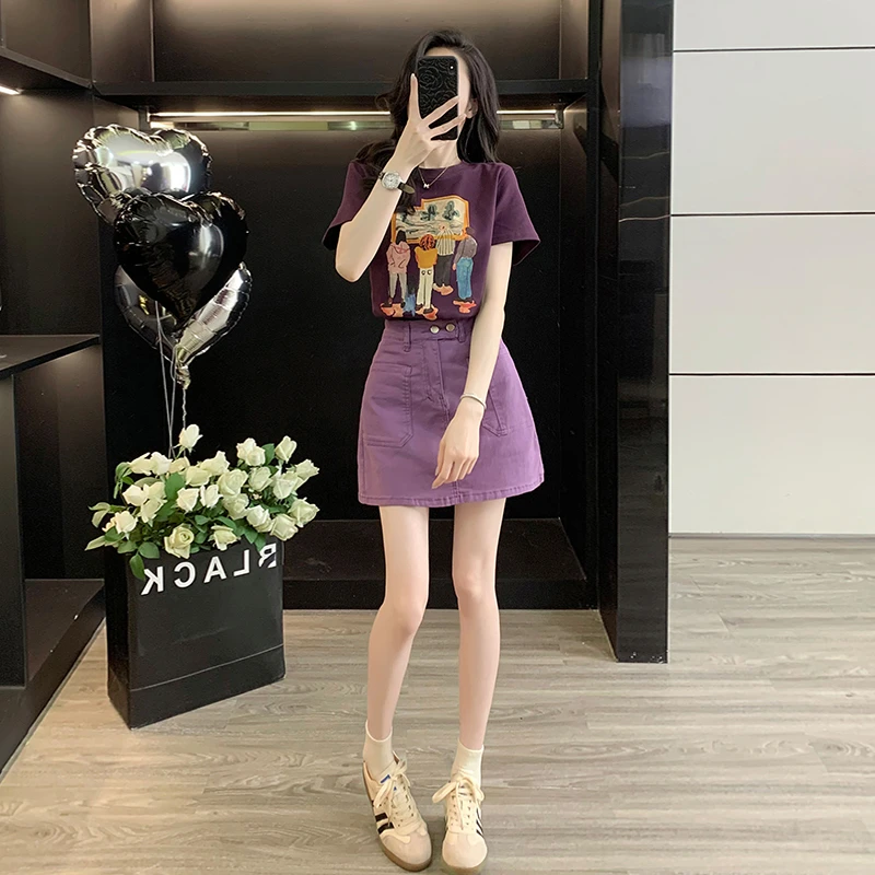 休闲套装女装2025新款爆款紫色印花显瘦短袖T恤上衣牛仔牛仔短裤
