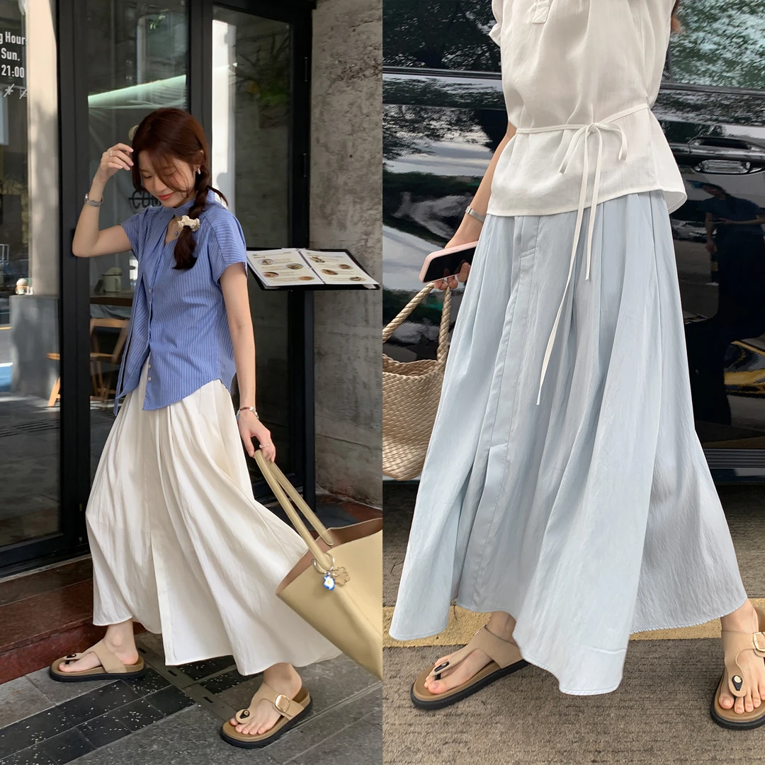 【西西里安】 两色都好看~韩版温柔系前开叉天丝飘逸半身裙
