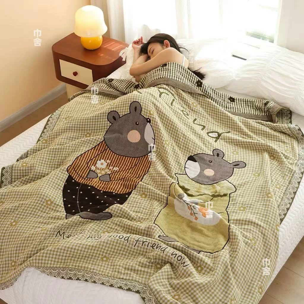 【约会熊】150*200cm森系全棉纱布高端透气柔软舒适轻奢泡芙被A