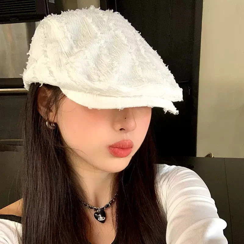 日式小众毛边前进帽女春夏百搭纯色贝雷帽文艺复古报童画家帽