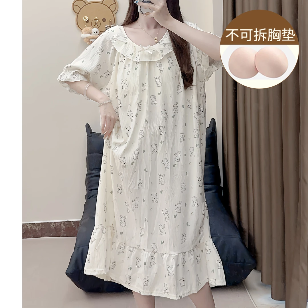 带胸垫睡裙女薄款甜美可爱风小兔子少女云朵棉睡衣夏季天家居服