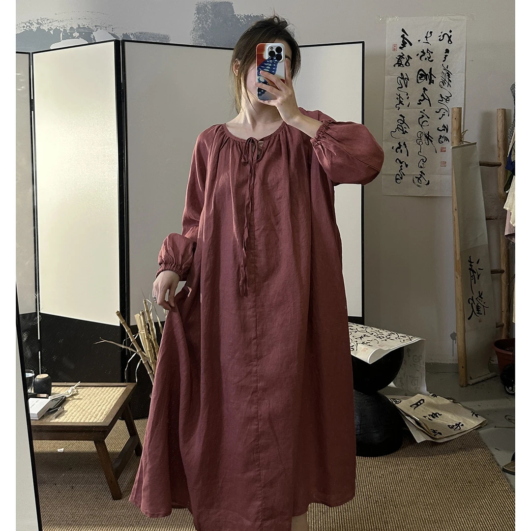 【繁花】原创春季新款纯亚麻连衣裙长袖连衣裙