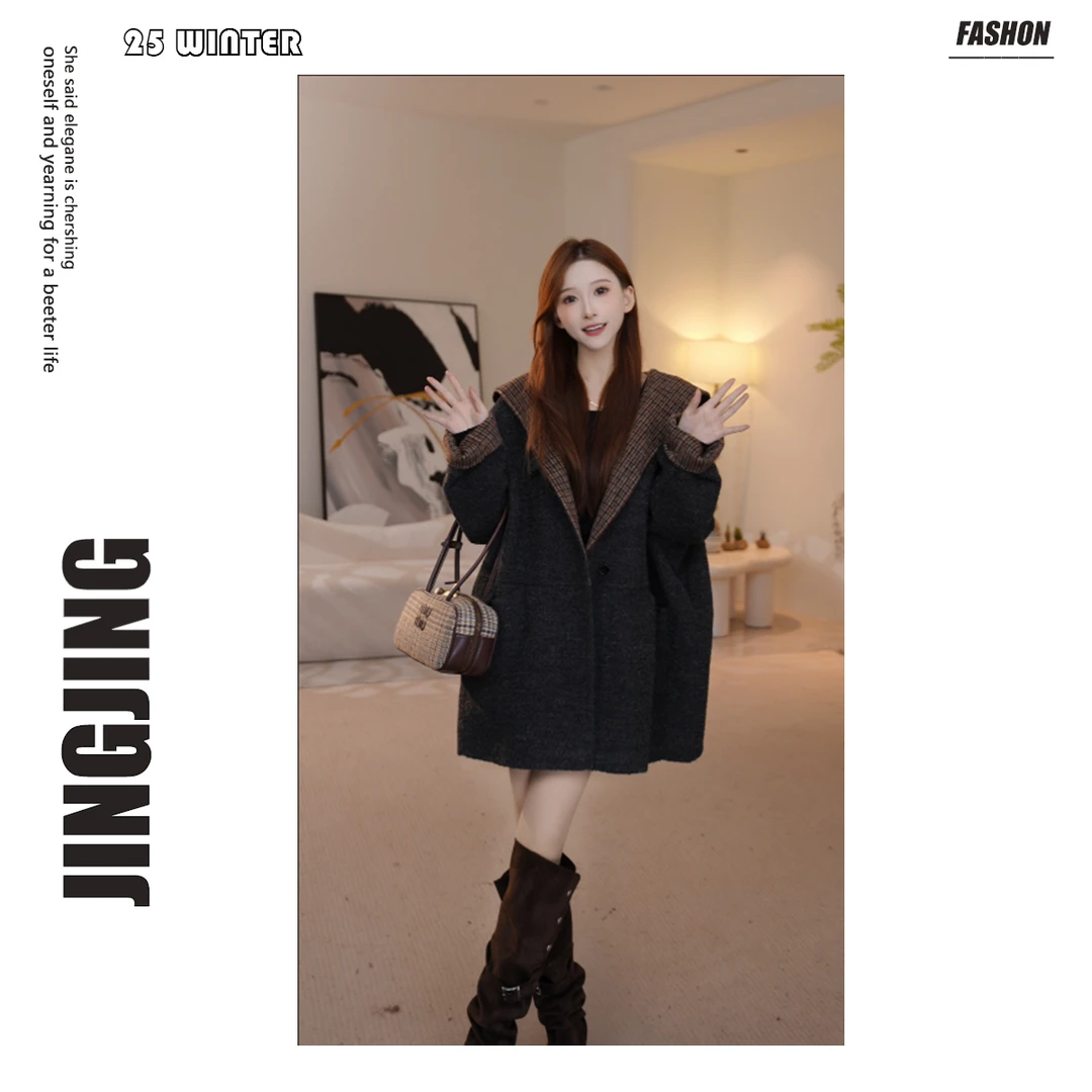 【婧婧】双面羊毛中长款连帽大衣女羊绒宽松小个子中长款外套25D126