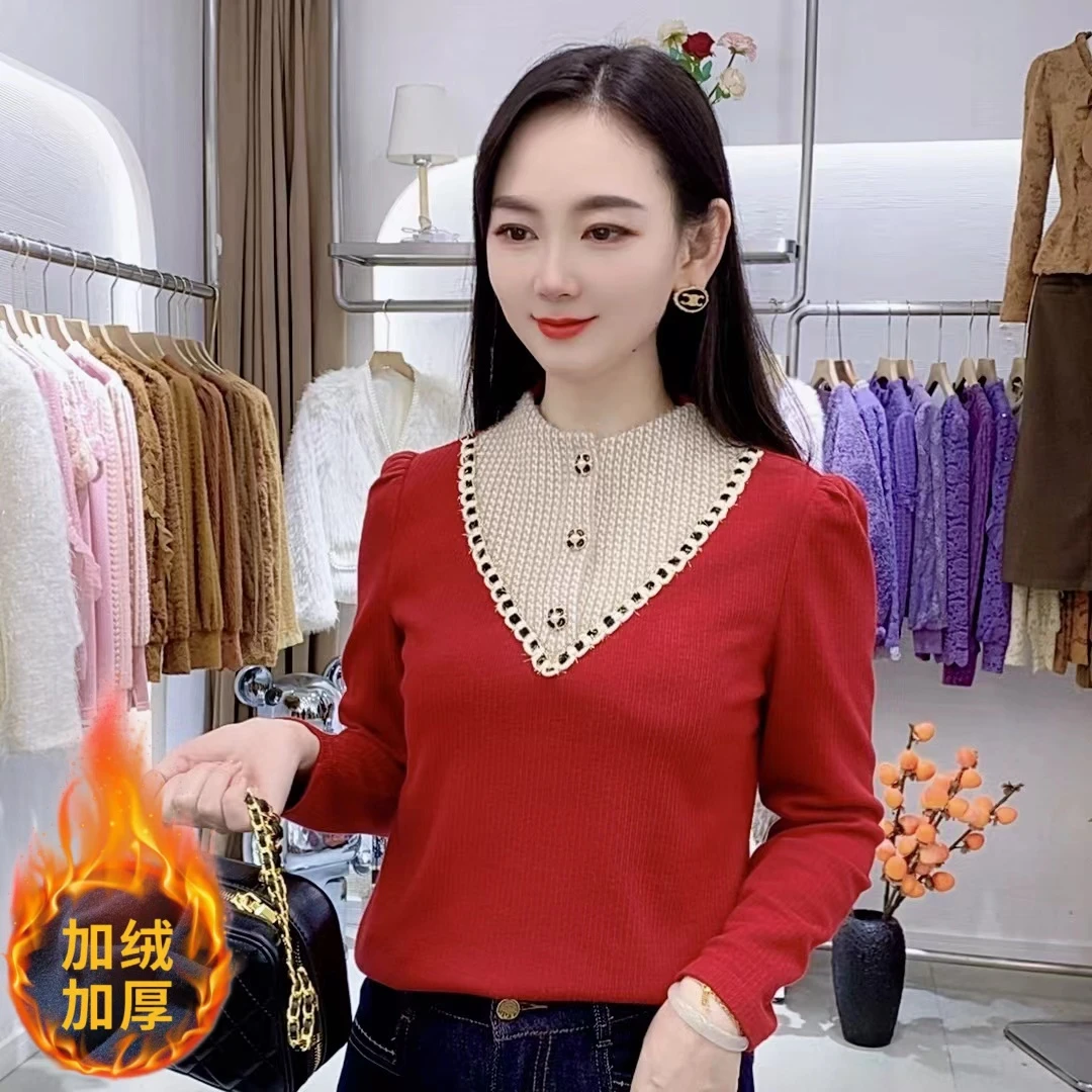 A9226法式通勤气质长袖加绒加厚假两件冬季新款撞色小众减龄上衣