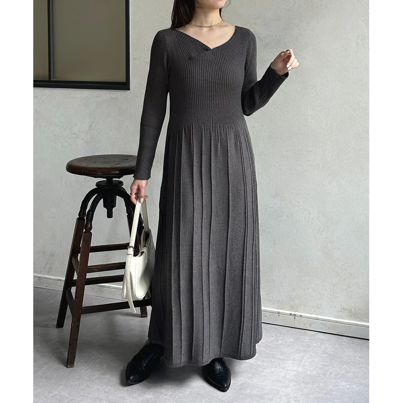【Montendre】秋冬新款 T 时尚高级设计垂坠领口罗纹交替针织连衣裙