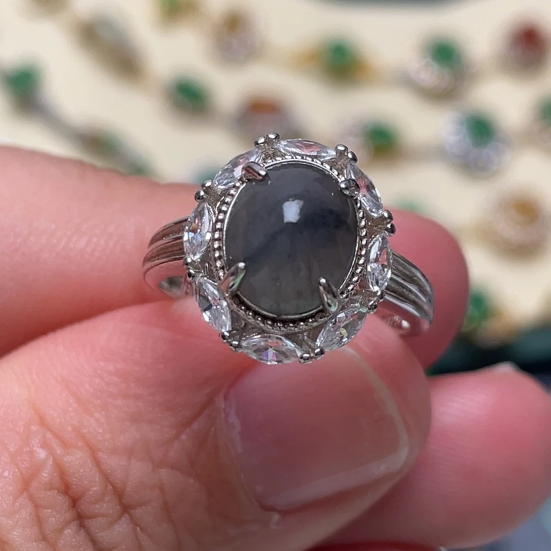 翡翠戒指银S925镶嵌纯天然缅甸翡翠