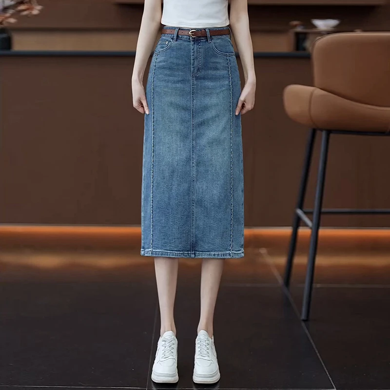 2025春夏新款牛仔半身裙女显瘦百搭高腰开叉a字包臀裙中长百搭裙