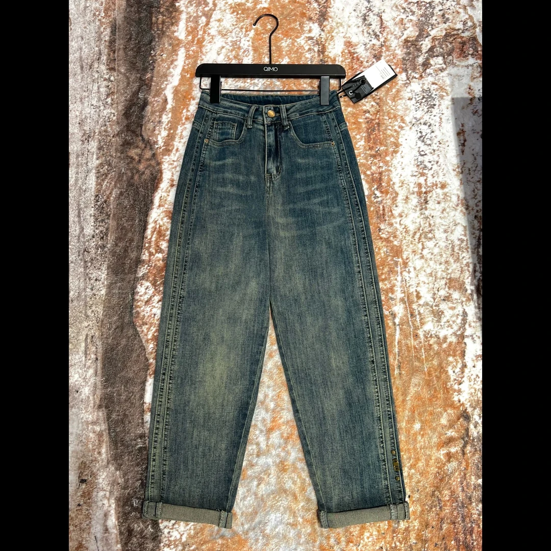 QIMO启茉（A260503#Y高腰哈伦牛仔裤）蓝色