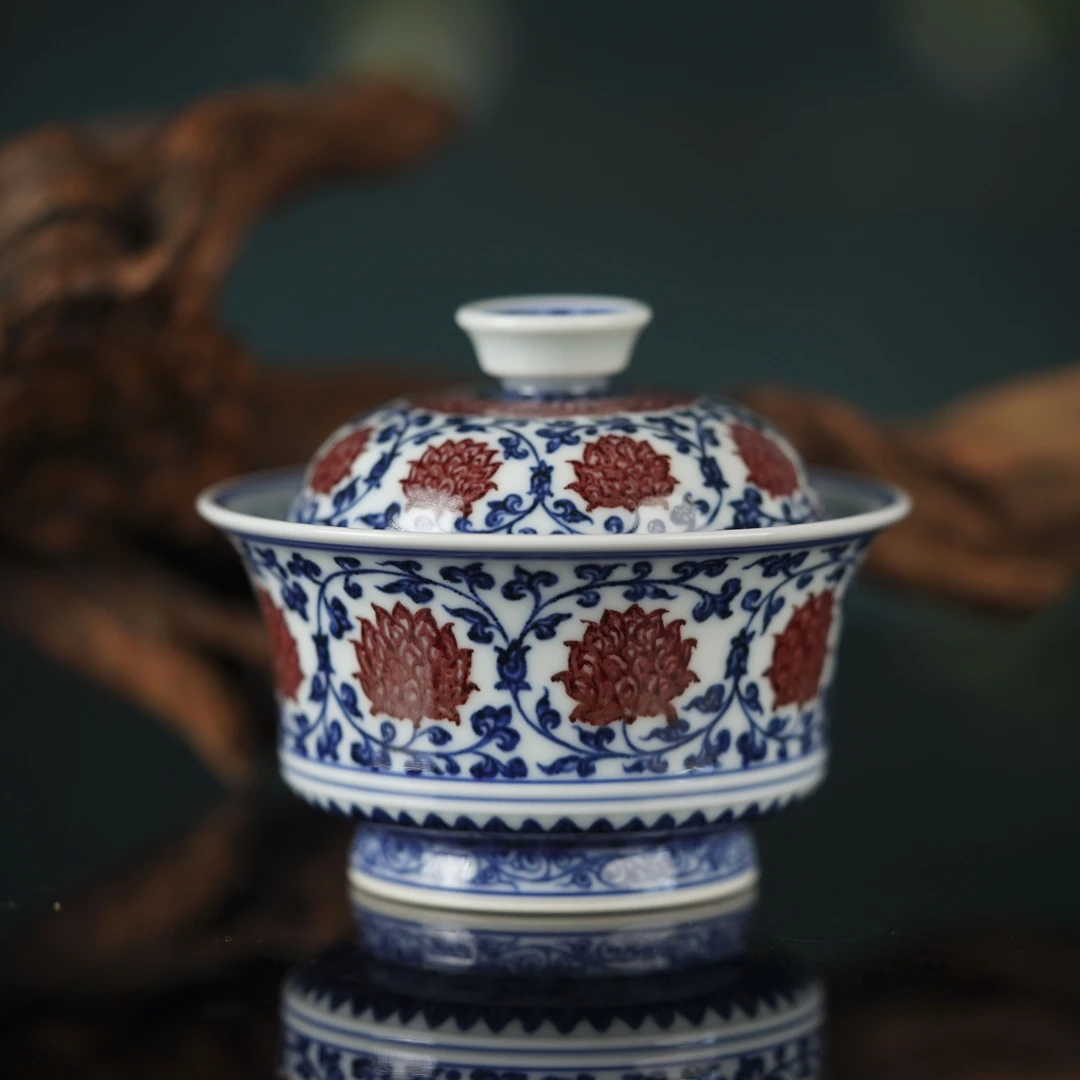 永明尚玩外缠枝马蹄盖碗景德镇陶瓷高端茶具