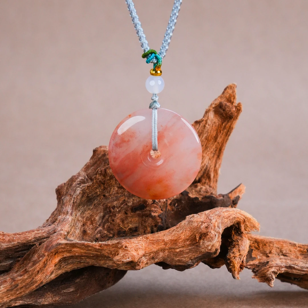 Y-726 天然金丝玉桃花酿平安扣吊坠 配绳 主石直径约30mm