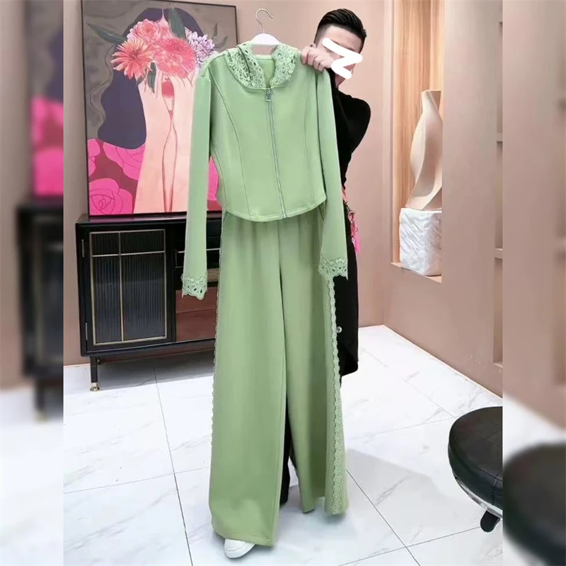 运动休闲套装女2025春秋新款蕾丝拼接连帽拉链卫衣阔腿裤两件套潮