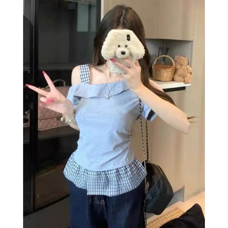 大码200斤时尚辣妹风斜肩格子拼接设计感短袖t恤女遮肚显瘦上衣潮