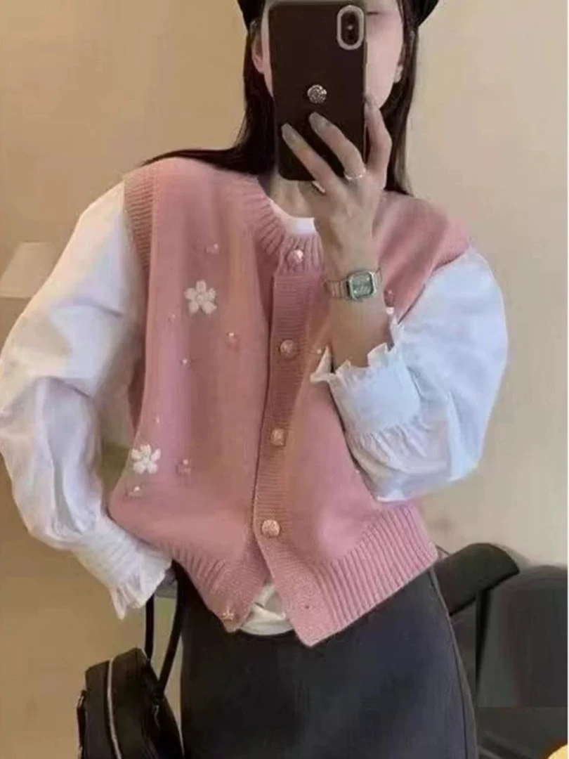 【35197】伊#设计感花朵时尚毛衣马甲上衣