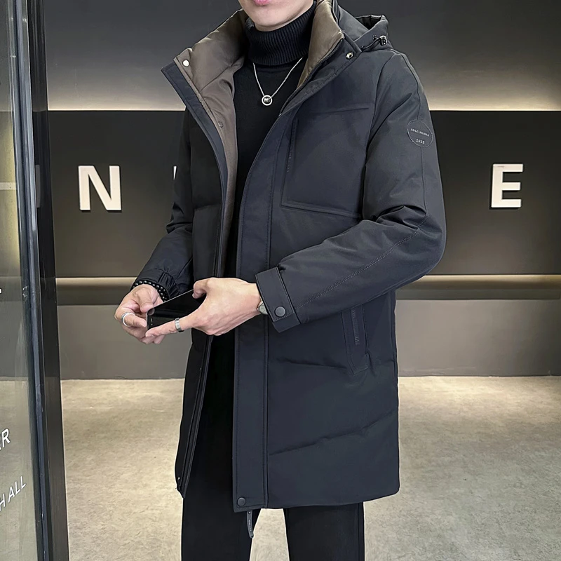 高端潮牌连帽男款羽绒服秋冬款男装加厚时尚帅气中长款男士外套男