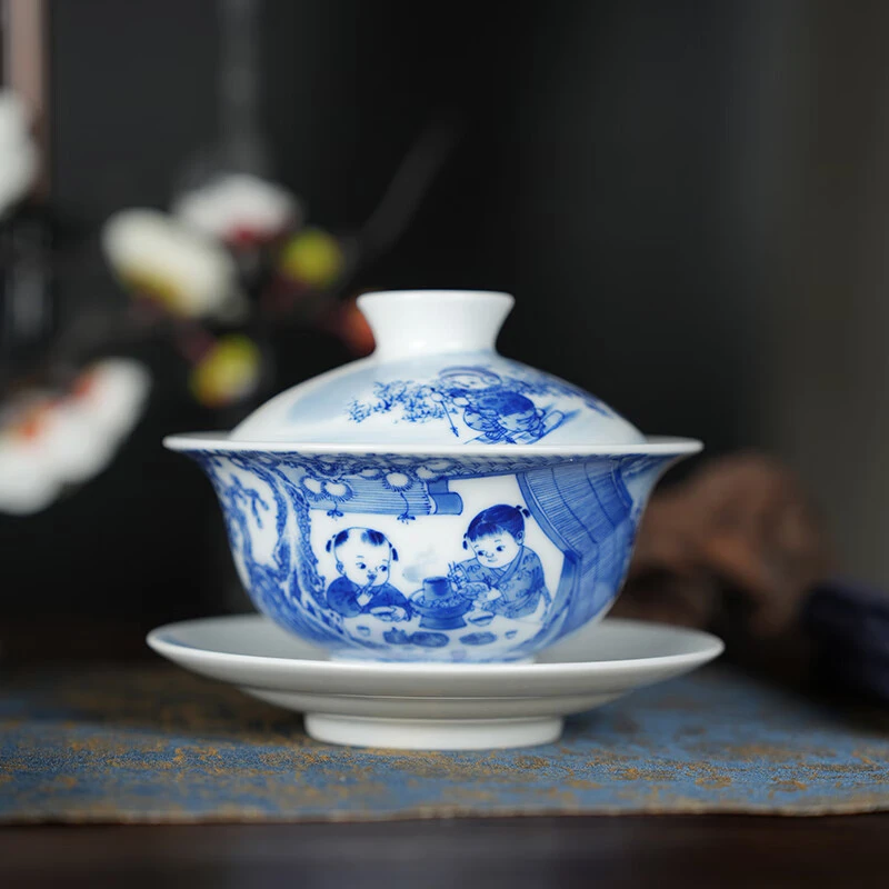【陶瓷研究院合作品牌】九段妙手青花五童雪景三才盖碗景德镇陶瓷