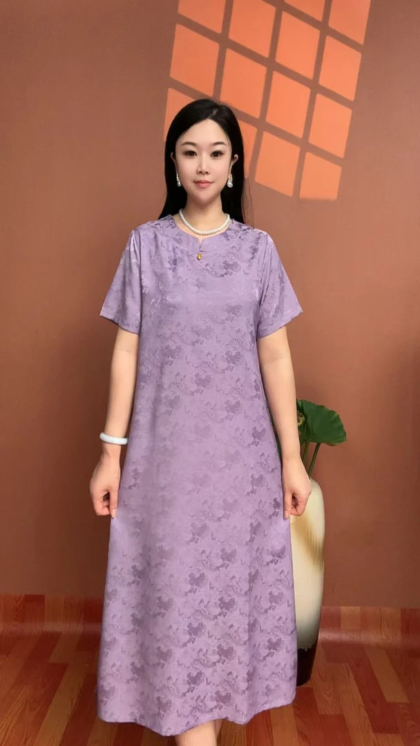 （黛紫）夏季简约提花时尚显瘦气质女装宽松中长款连衣裙