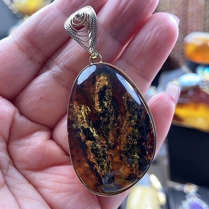 琥珀银S925镶嵌颈饰吊坠