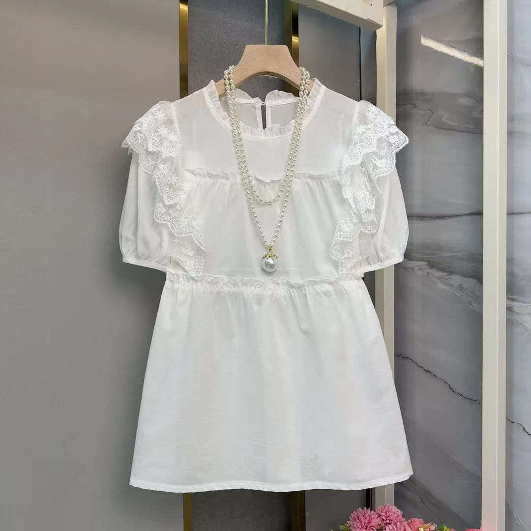 法式2025夏季娃娃大码女装荷叶时尚减龄衬衫宽松拼接上衣百搭短袖