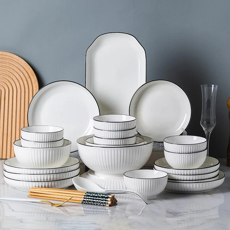 日式竖纹简约家用吃饭碗碟盘网红轻奢2025新款陶瓷盘子创意套装