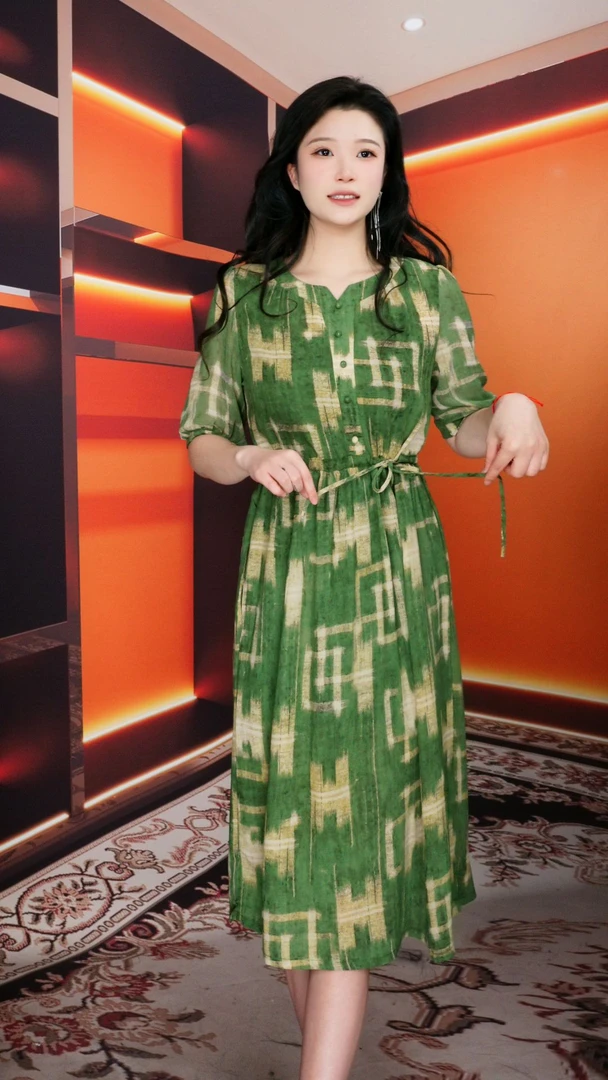 A53夏季高腰连衣裙西子双面连衣裙旗袍复古格纹中老年过膝长裙