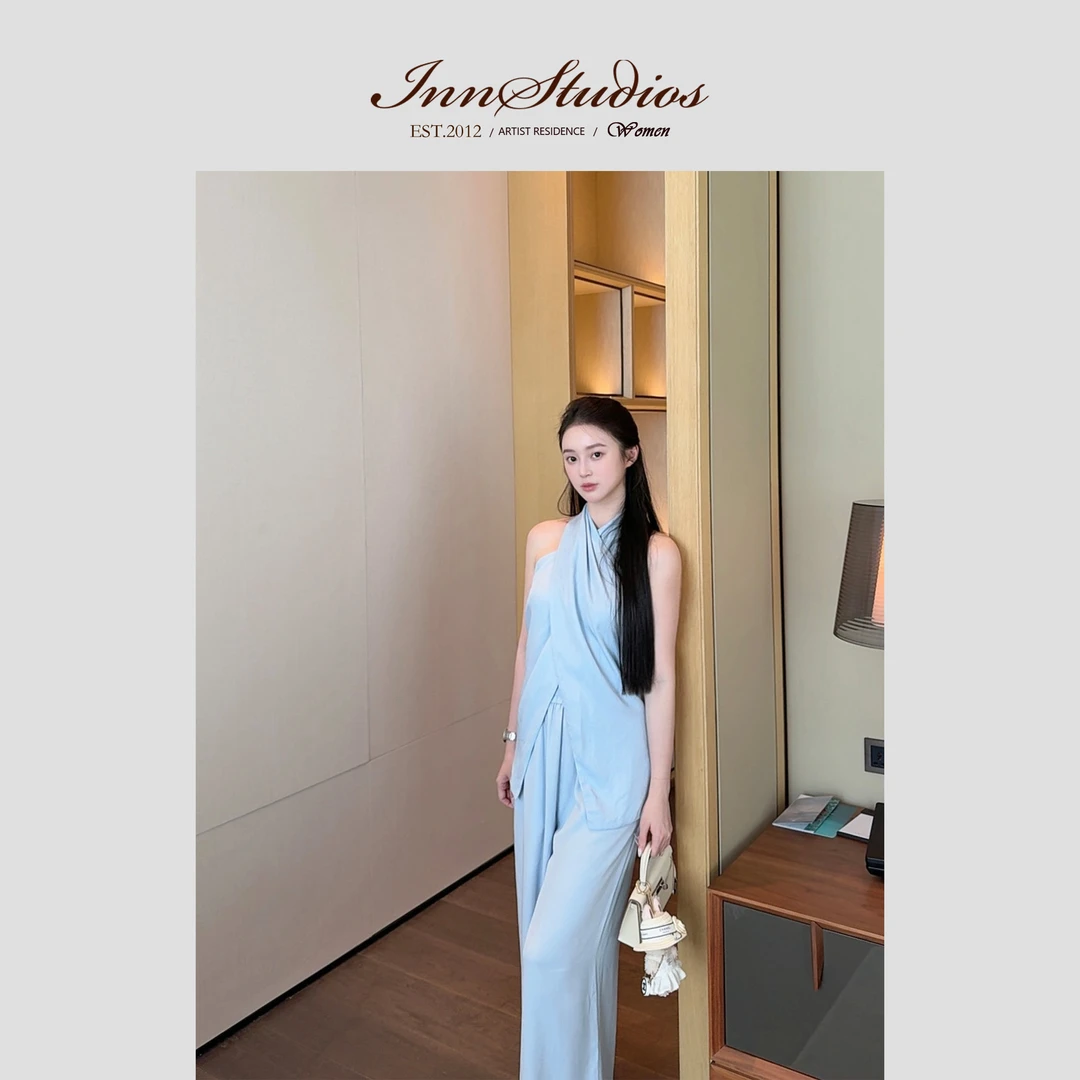 Innstudios 治愈蓝天丝亚麻挂脖背心长裤套装