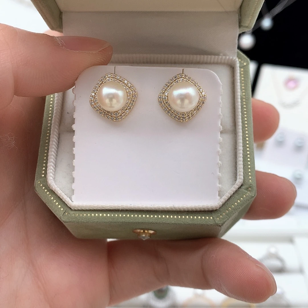 海水珍珠7-7.5mm羽皇金耳钉银S925镶嵌