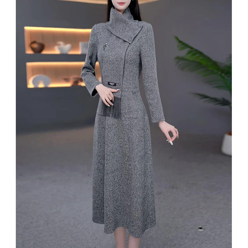 DBF-25B192YR 新款气质轻奢时尚显瘦妈妈装围巾款连衣裙 M-5XL