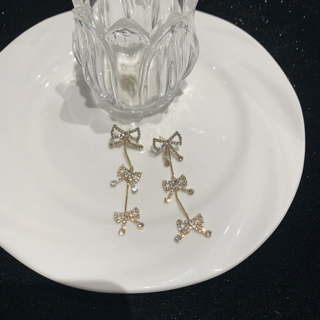 铜合金耳饰 Al6210法式优雅蝴蝶结流苏耳环长款百搭耳坠仙女