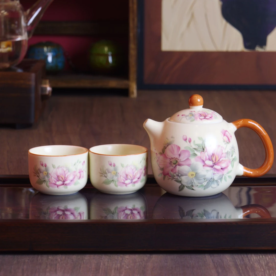 汝窑开片牡丹龙蛋壶一壶两杯@Z242
