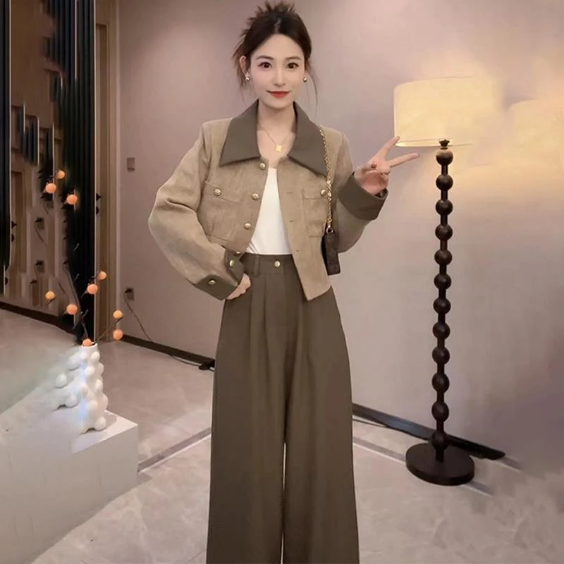 秋季新款小香风时尚套装女气质撞色polo领短款外套高腰阔腿裤套装