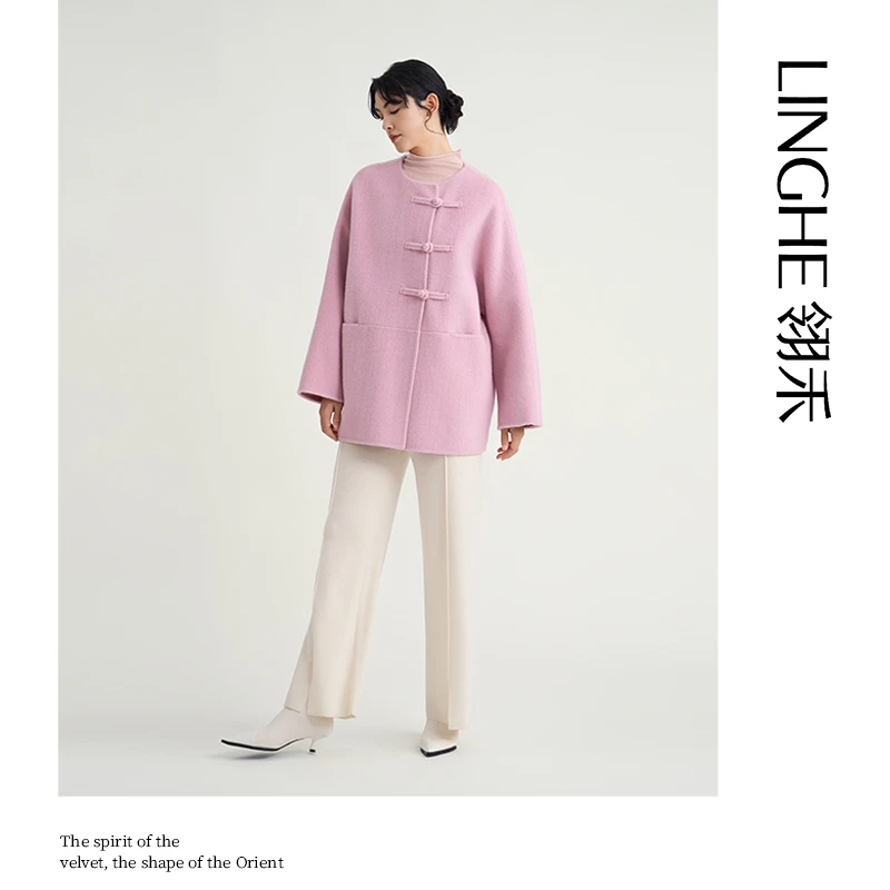 翎禾LINGHE-斜襟中式大衣复古宽松毛呢中长款加厚中
