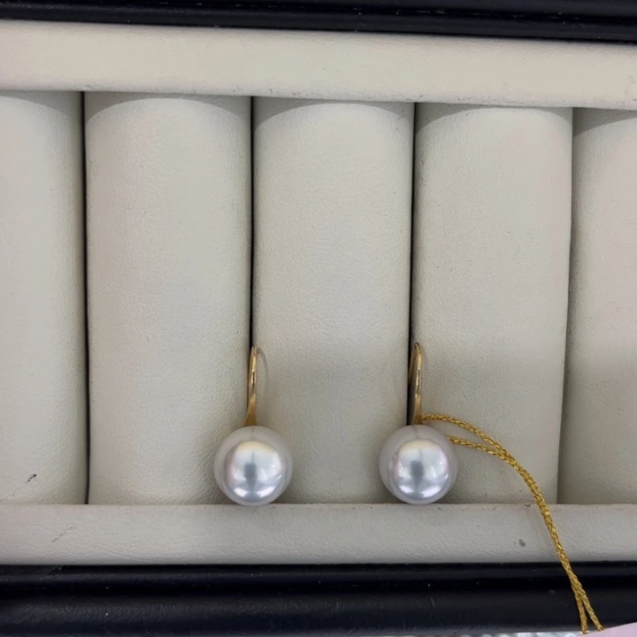 海水珍珠漏澳白高跟鞋耳钩9-10mm18K金镶嵌