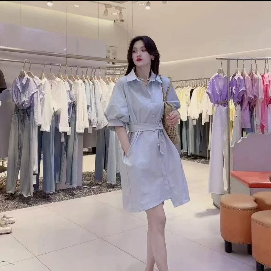韩式系带短袖衬衫裙子女2025夏季新款翻领收腰气质长裙连衣裙