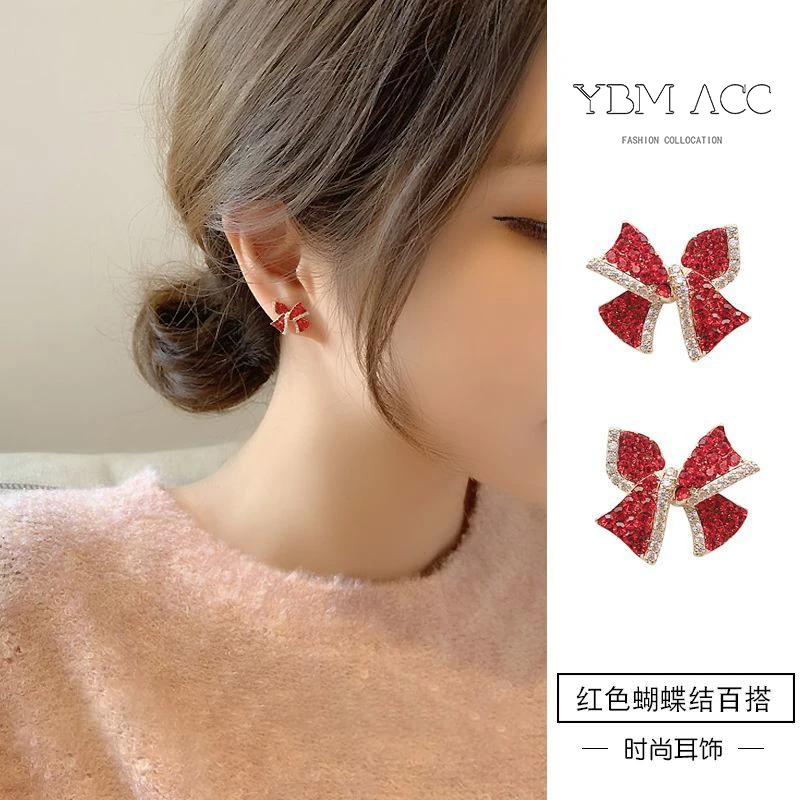 合金耳饰 蝴蝶结耳环小众设计感高级冷淡2025年新款新年红色耳饰