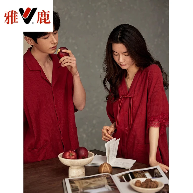 红色睡衣情侣款夏季纯棉短袖结婚新婚礼一男一女家居服本命年套装