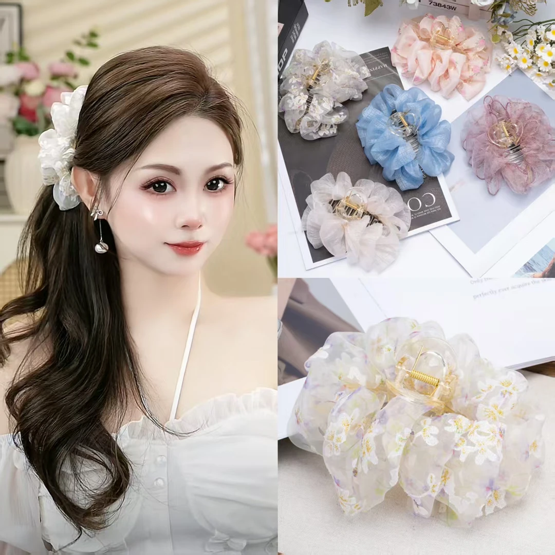 2025春季新款褶皱款气质百搭网纱款简约优雅抓夹