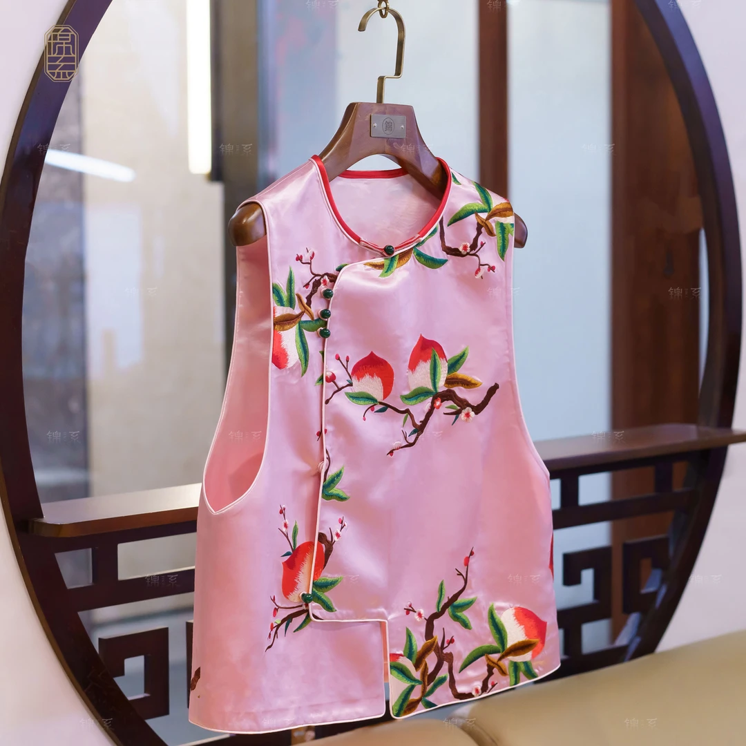 【锦系~新款】E-31813真丝新中式国风桃花桑蚕丝绣花马夹S3149961