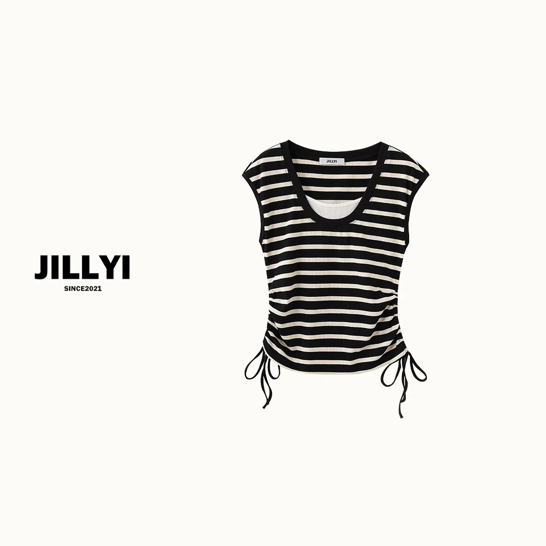 JILLYI【经典条纹】黑白条纹U型领夏季休闲风百搭短袖时尚气质T恤