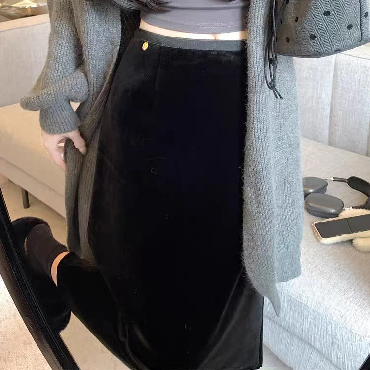 加绒加厚直筒半身裙子金丝绒女士2025冬季新款高腰a字中长裙包臀