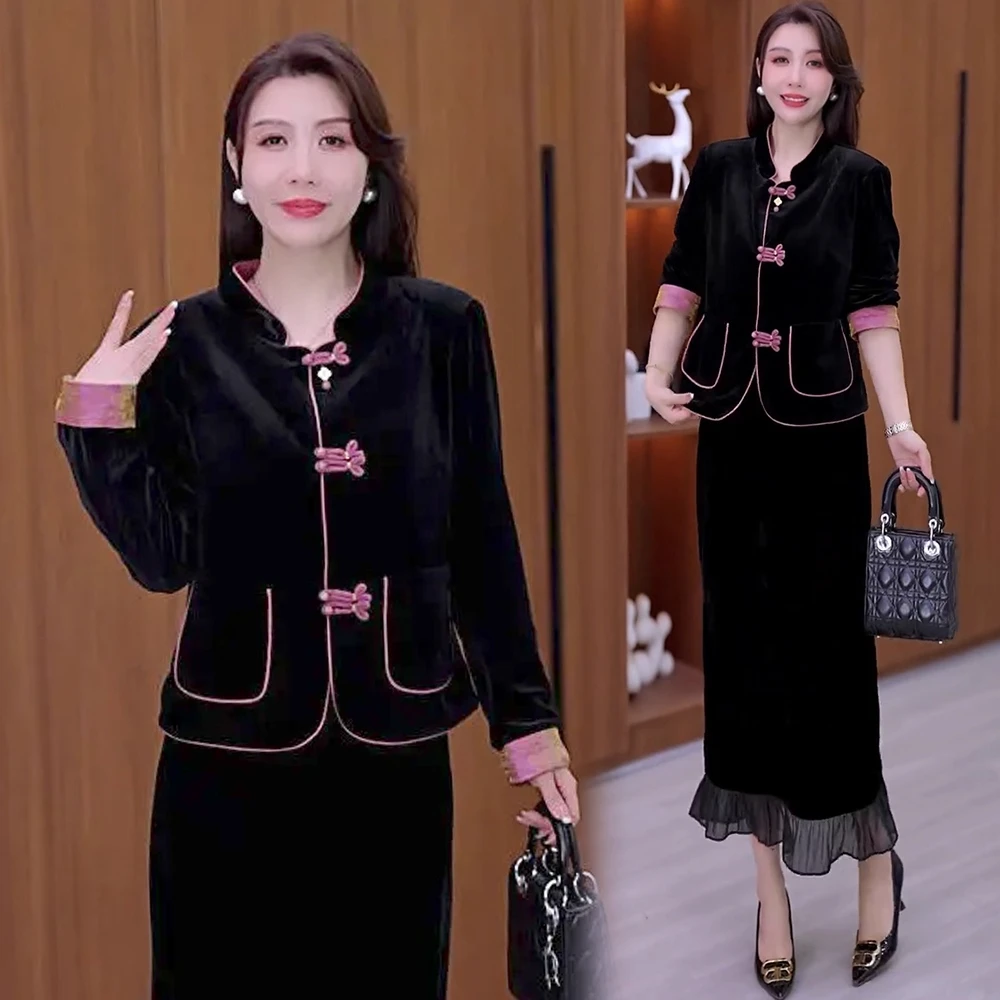 时尚套装女2025秋季新款洋气新中式金丝绒盘扣短外套半身裙两件套