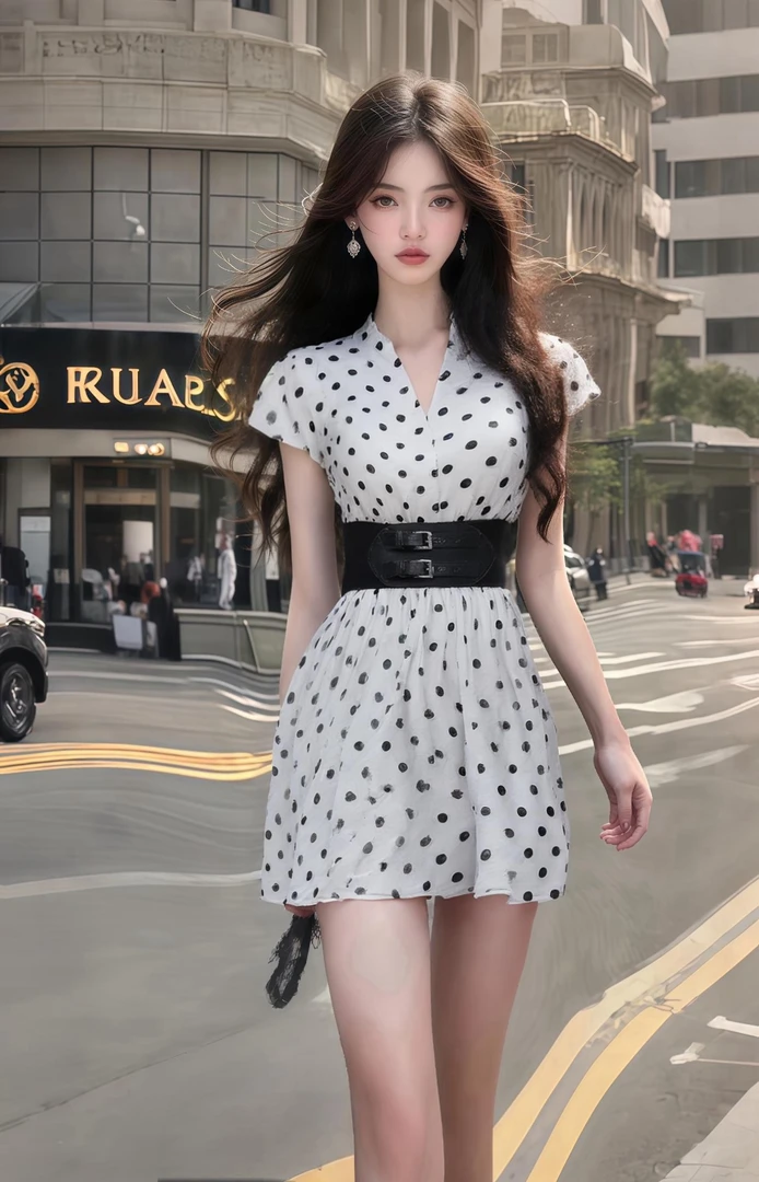 新款温柔轻熟知性风白色V领短袖收腰波点连衣裙女时尚气质高级感