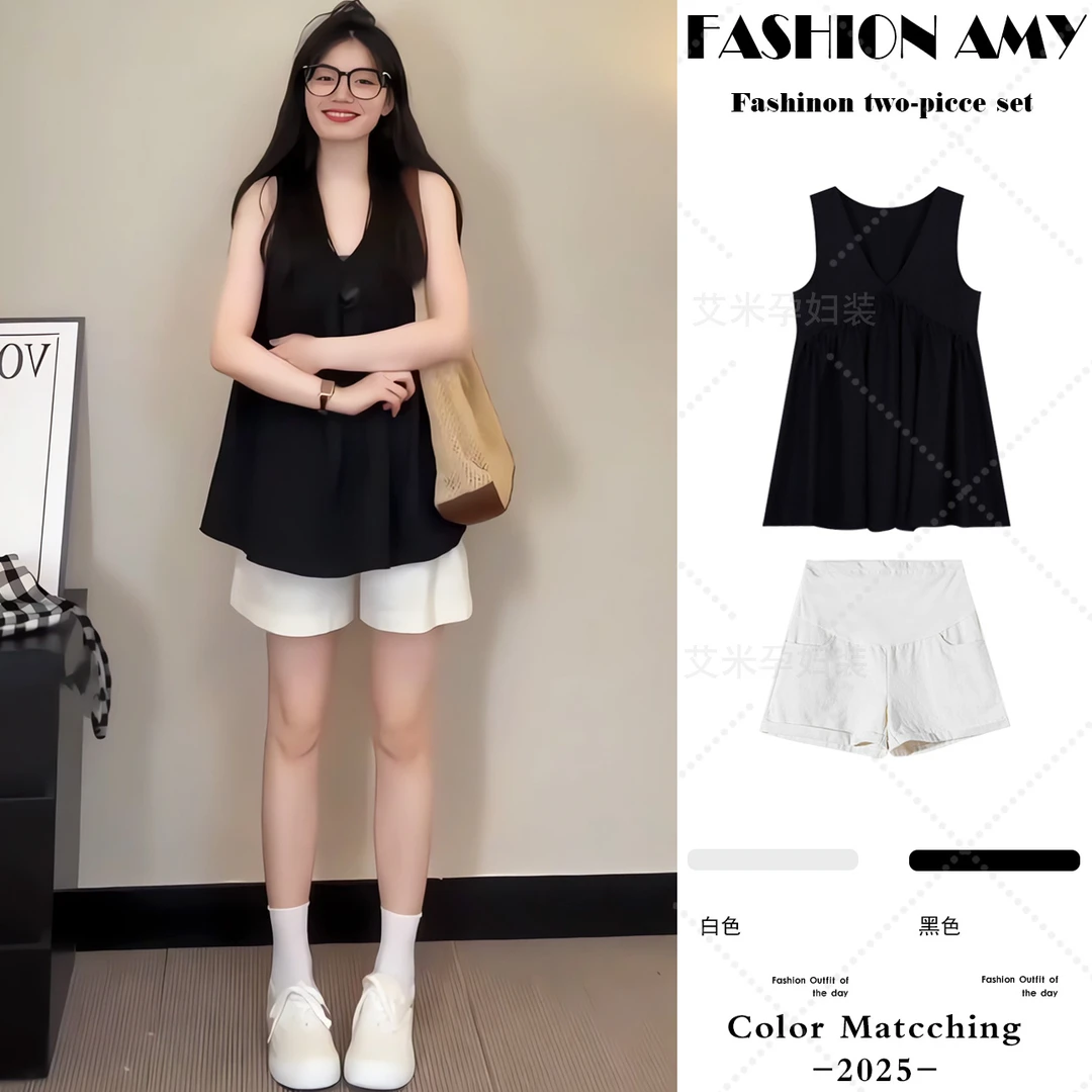 孕妇套装夏装新款时尚韩版气质设计感V领显瘦上衣休闲托腹短裤子1